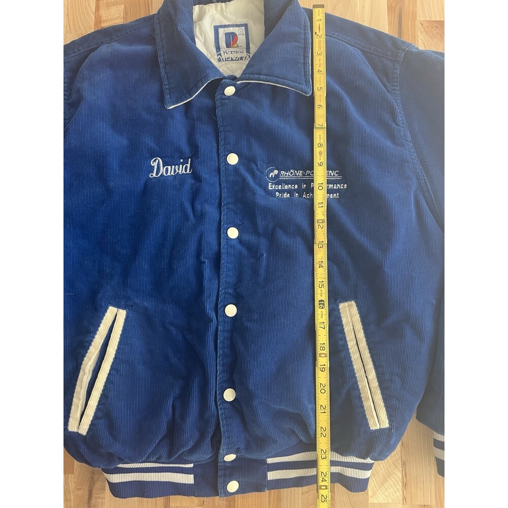 70 s Rennoc Corduroy Bomber Work Coat Embroidered David Big Island Mine Blue L - Picture 11 of 12